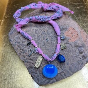 Gold and Silver Tone Pink Bandana Rustic Western Charm Necklace